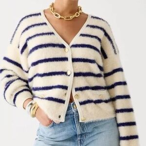 By Together Fuzzy Striped V Neck Cardigan Sweater, Blue White, Size S